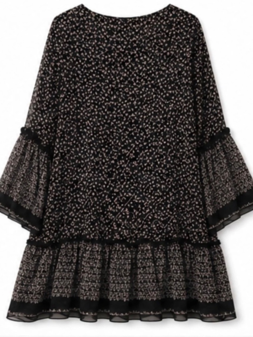 Max Studio Black Floral Tiered Bell Sleeve Mini Dress NWT S Cottagecore Boho